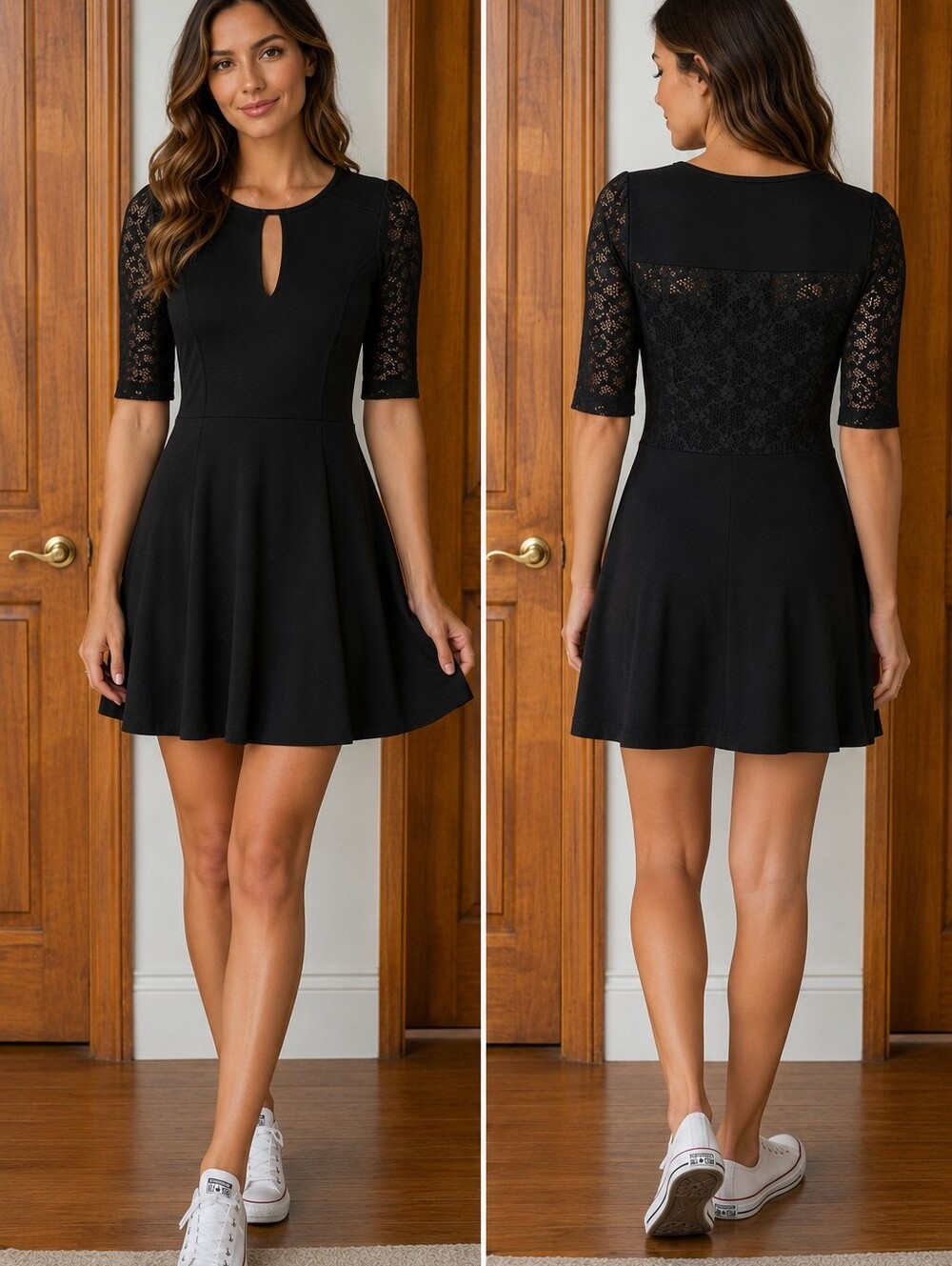 EUC French Connection Black Lace Sleeve Keyhole Fit-Flare Dress Size 2